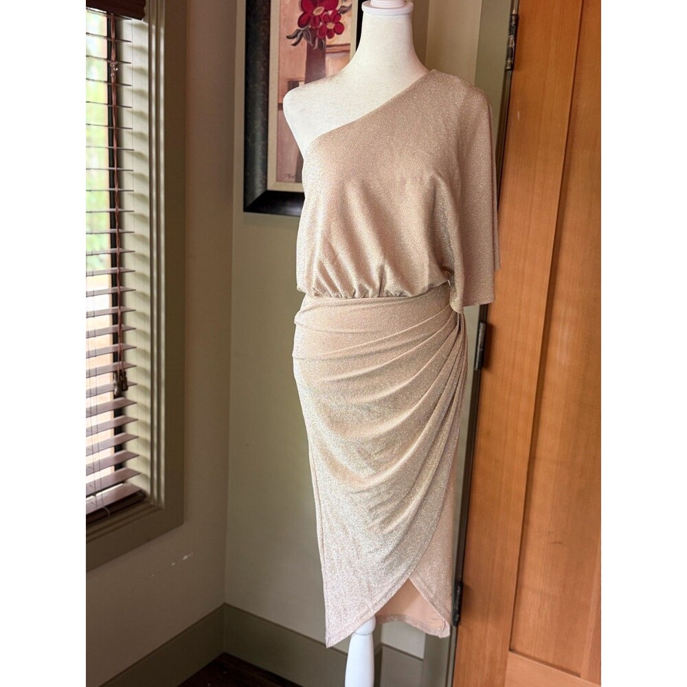 MainStrip One Shoulder Metallic Wrap Midi Dress Gold Champagne Shimmer NWT Small